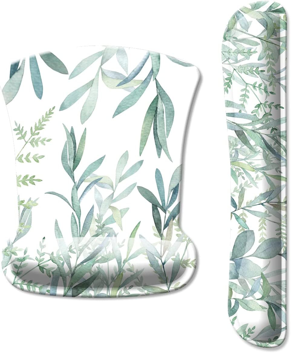 Keyboard Wrist Rest Pad and Mouse Wrist Rest Support, Comfort Wrist Rest Pad with Non-Slip Rubber Base & Memory Foam Support for Working Gaming Fatigue Pain Relief Green Leaves