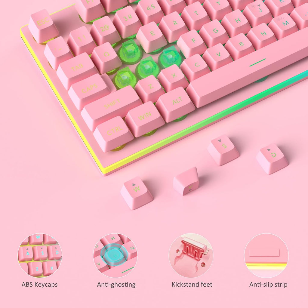 GT838 Gaming Keyboard and Mouse Combo, 104 Keys RGB Backlit Quiet Wired Keyboards for Laptop PC MAC, with Number Pad, Metal Panel, Anti-Ghosting, Pink