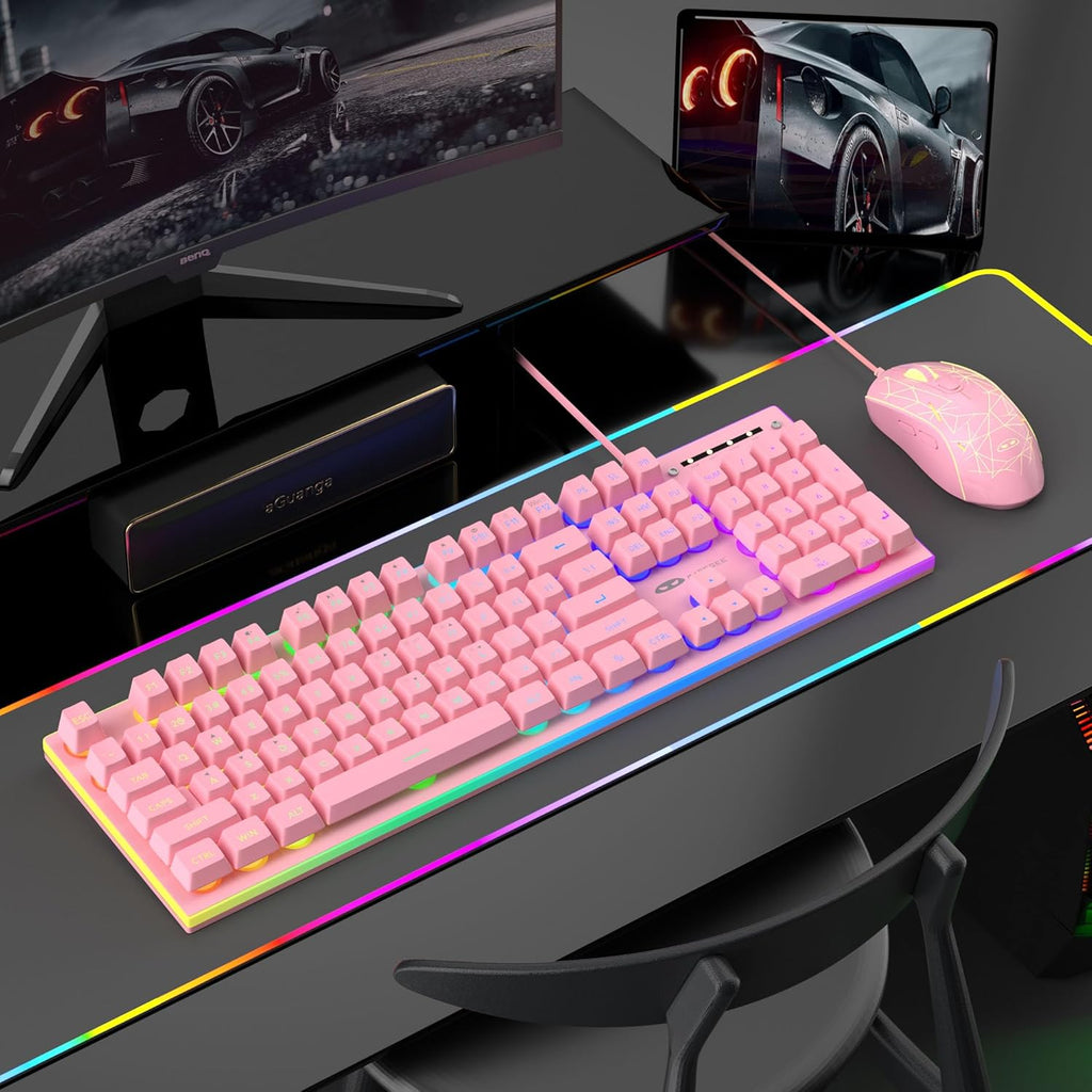 GT838 Gaming Keyboard and Mouse Combo, 104 Keys RGB Backlit Quiet Wired Keyboards for Laptop PC MAC, with Number Pad, Metal Panel, Anti-Ghosting, Pink