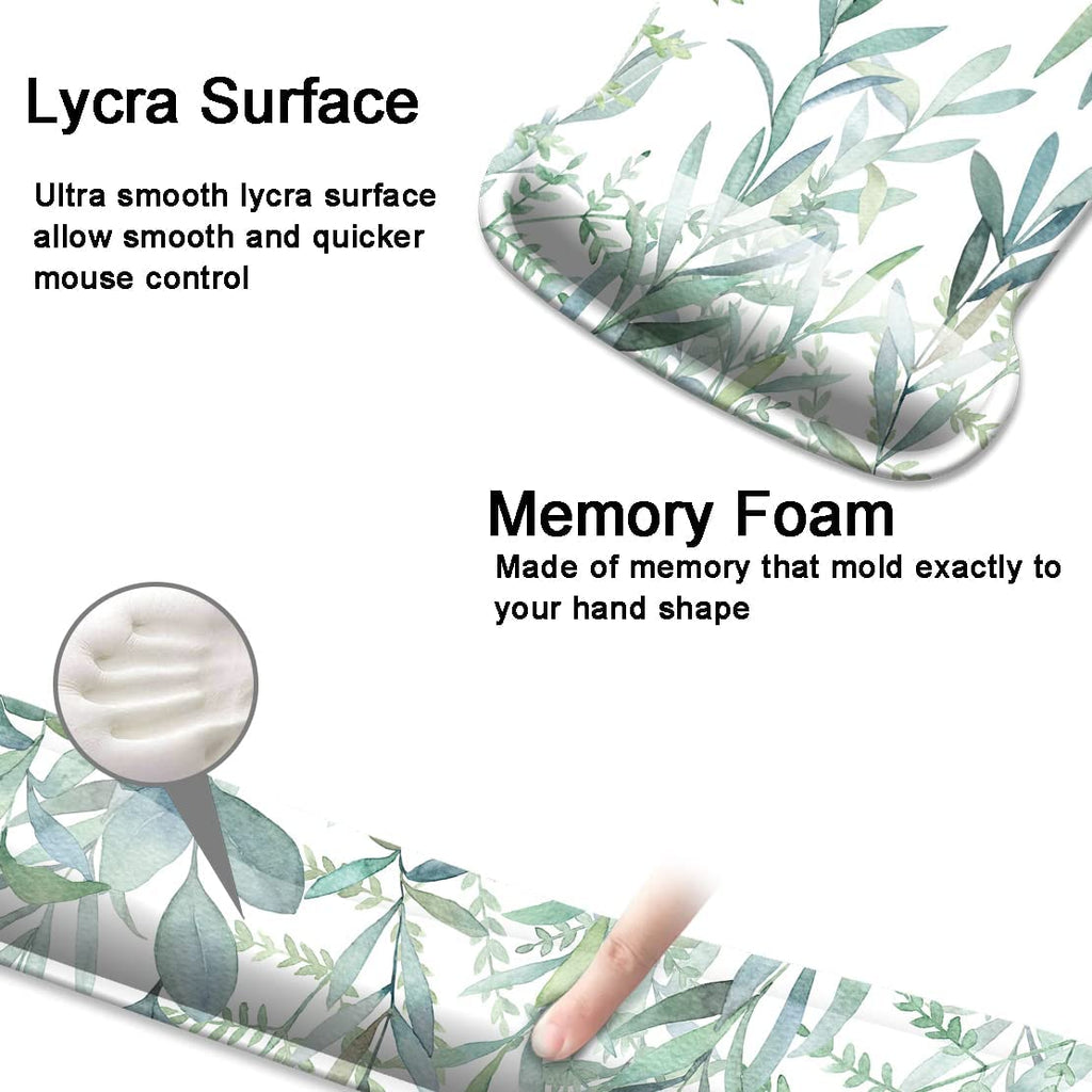 Keyboard Wrist Rest Pad and Mouse Wrist Rest Support, Comfort Wrist Rest Pad with Non-Slip Rubber Base & Memory Foam Support for Working Gaming Fatigue Pain Relief Green Leaves