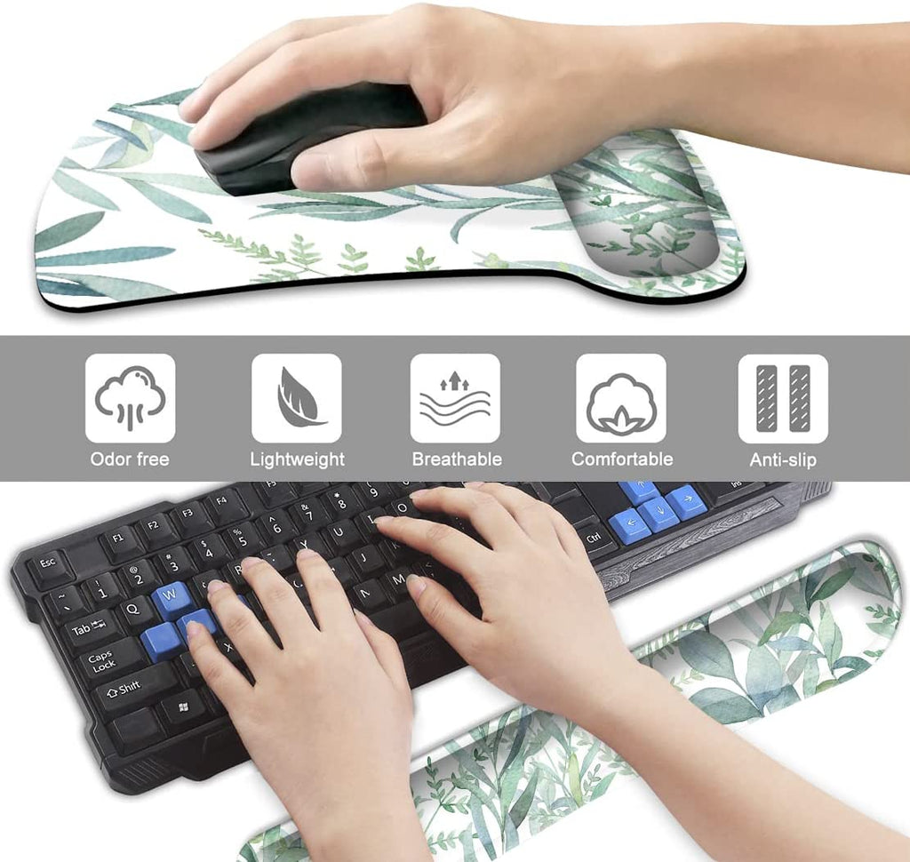 Keyboard Wrist Rest Pad and Mouse Wrist Rest Support, Comfort Wrist Rest Pad with Non-Slip Rubber Base & Memory Foam Support for Working Gaming Fatigue Pain Relief Green Leaves