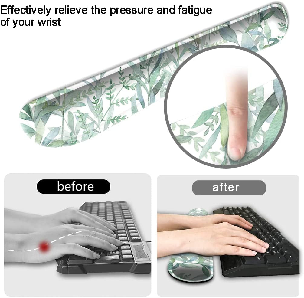 Keyboard Wrist Rest Pad and Mouse Wrist Rest Support, Comfort Wrist Rest Pad with Non-Slip Rubber Base & Memory Foam Support for Working Gaming Fatigue Pain Relief Green Leaves