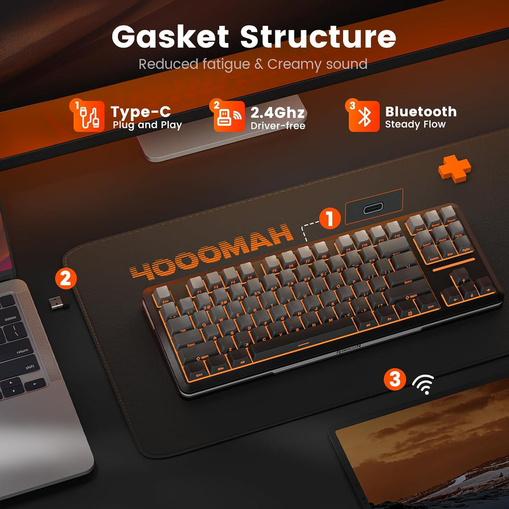 Wireless Mechanical Keyboard,3-Modes Bluetooth Gasket Hot Swappable TKL RGB Custom Keyboard,Pre-Lubed Switches,Side Printed PBT Gradient Keycaps, South-Facing Leds Socket