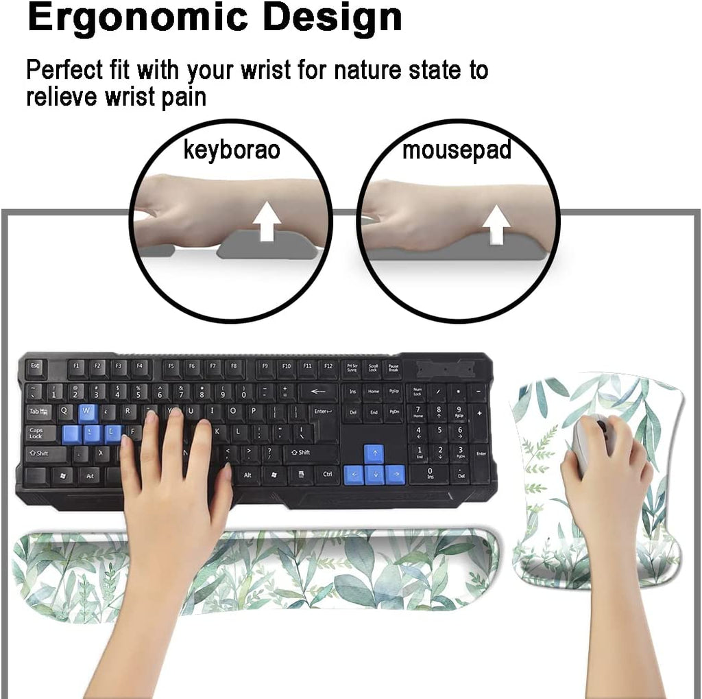 Keyboard Wrist Rest Pad and Mouse Wrist Rest Support, Comfort Wrist Rest Pad with Non-Slip Rubber Base & Memory Foam Support for Working Gaming Fatigue Pain Relief Green Leaves