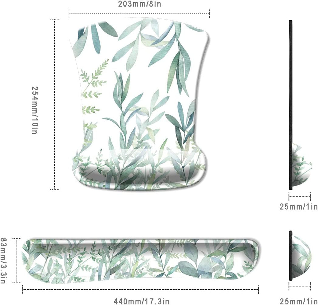 Keyboard Wrist Rest Pad and Mouse Wrist Rest Support, Comfort Wrist Rest Pad with Non-Slip Rubber Base & Memory Foam Support for Working Gaming Fatigue Pain Relief Green Leaves