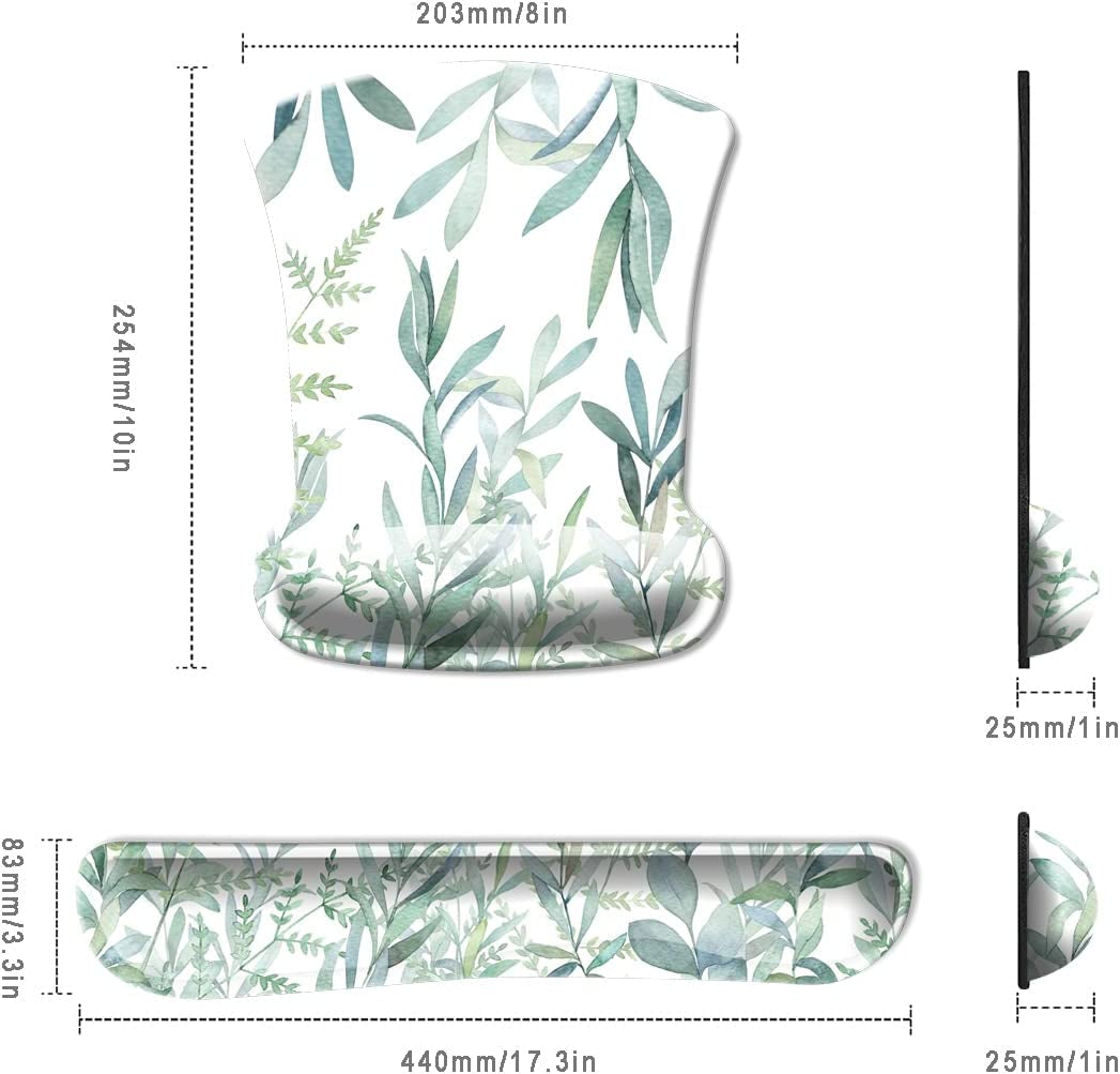 Keyboard Wrist Rest Pad and Mouse Wrist Rest Support, Comfort Wrist Rest Pad with Non-Slip Rubber Base & Memory Foam Support for Working Gaming Fatigue Pain Relief Green Leaves